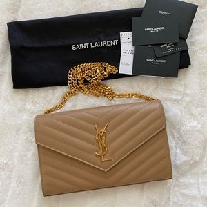 Saint Laurent Monogram Leather Wallet on Chain, Brown